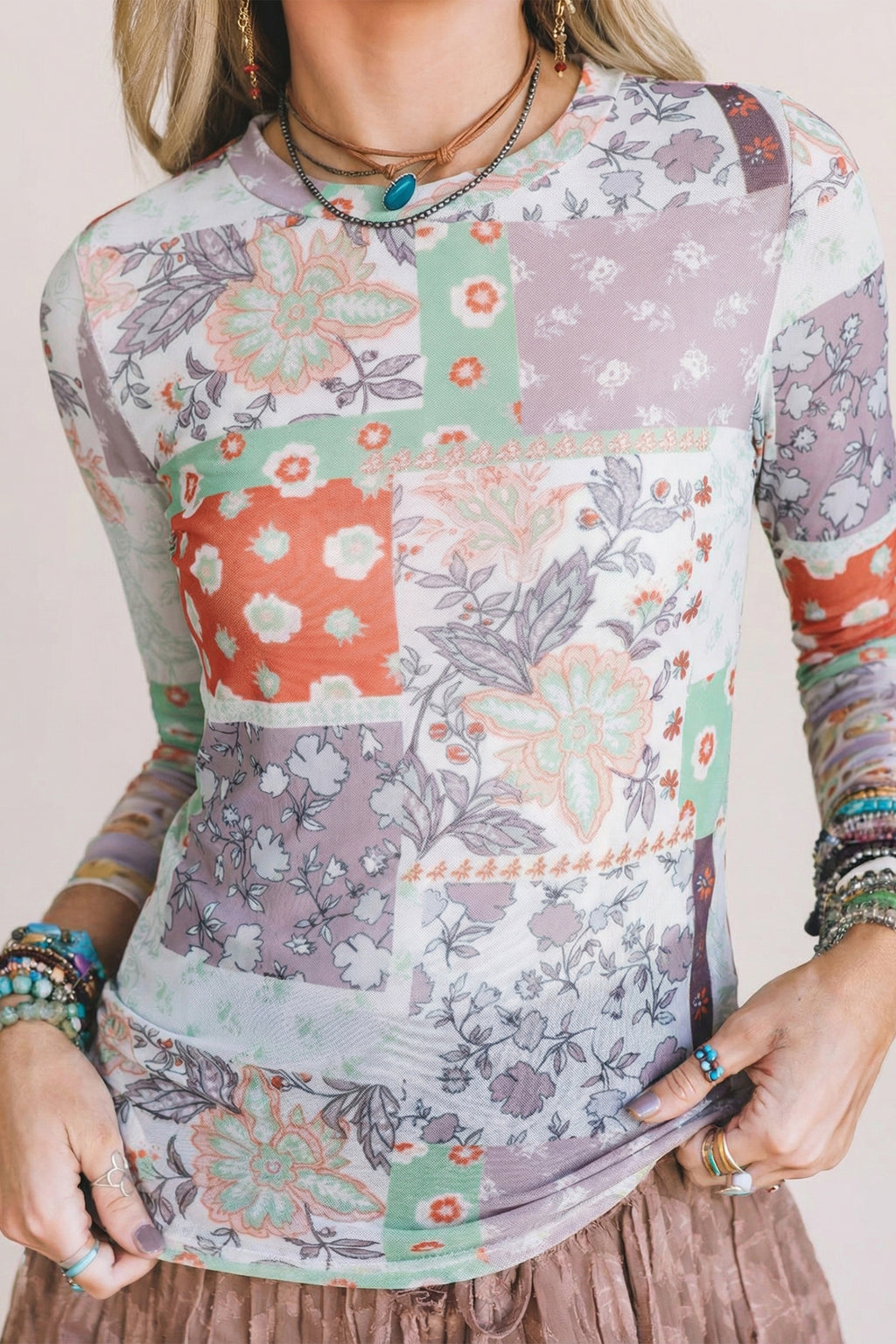Khaki Mixed Floral Print Patchwork Mock Neck Mesh Top