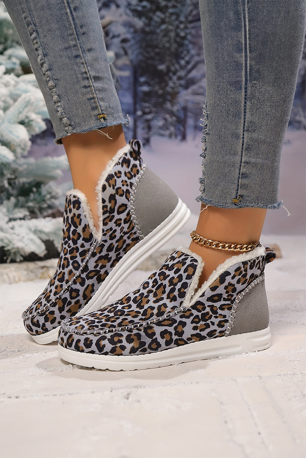 Brown Leopard Print Ankle Patched Flat Winter Fur Boots