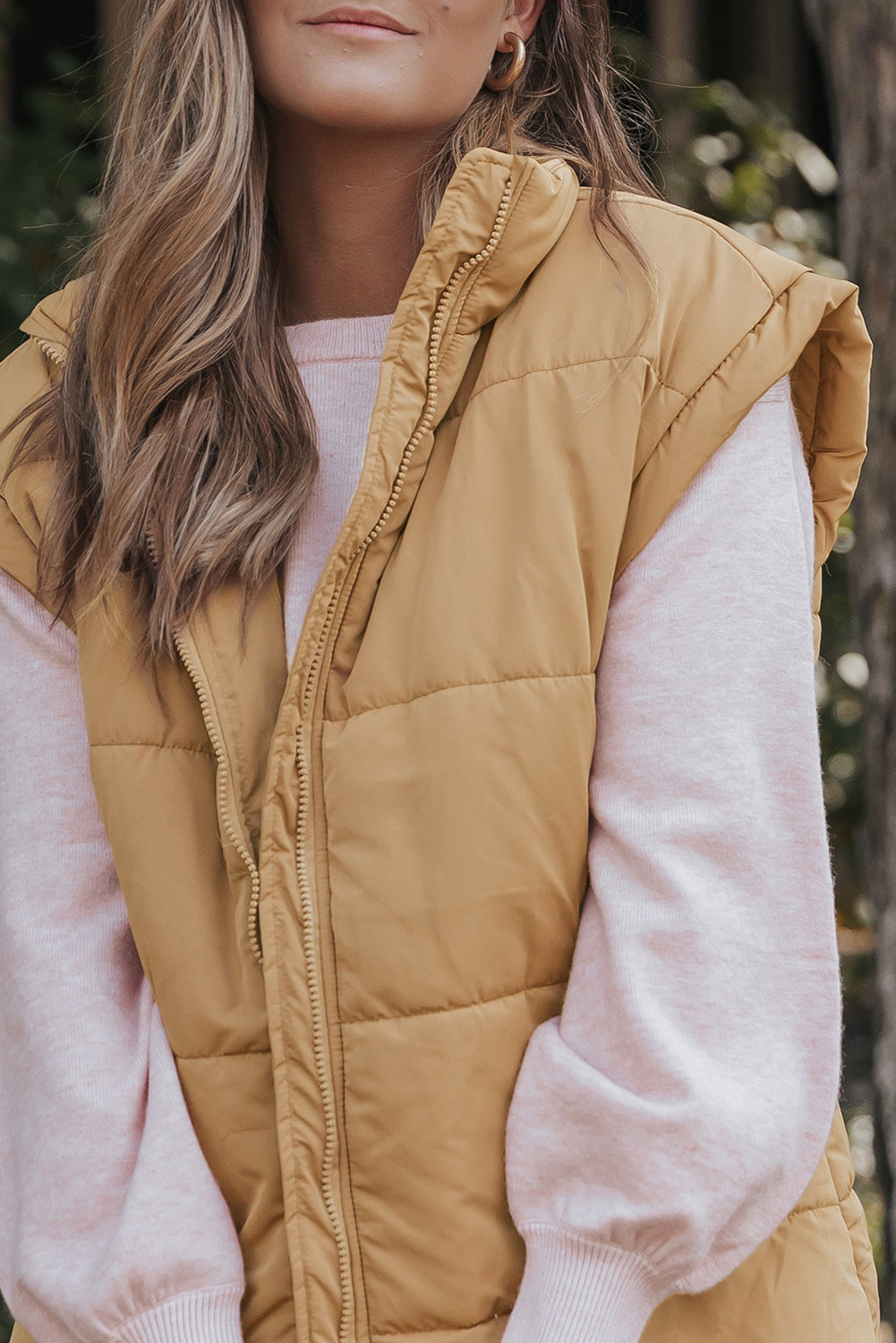Khaki Oversized Stand Collar Zip Winter Vest