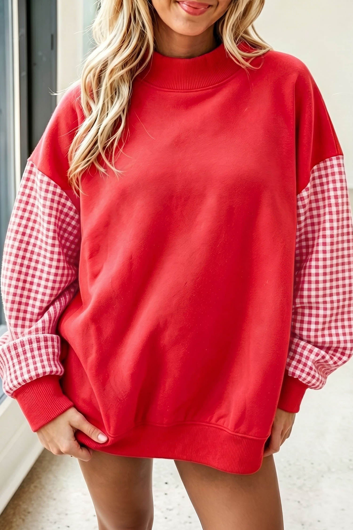 Russet Orange Plaid Sleeve Colorblock Loose Tunic Sweatshirt