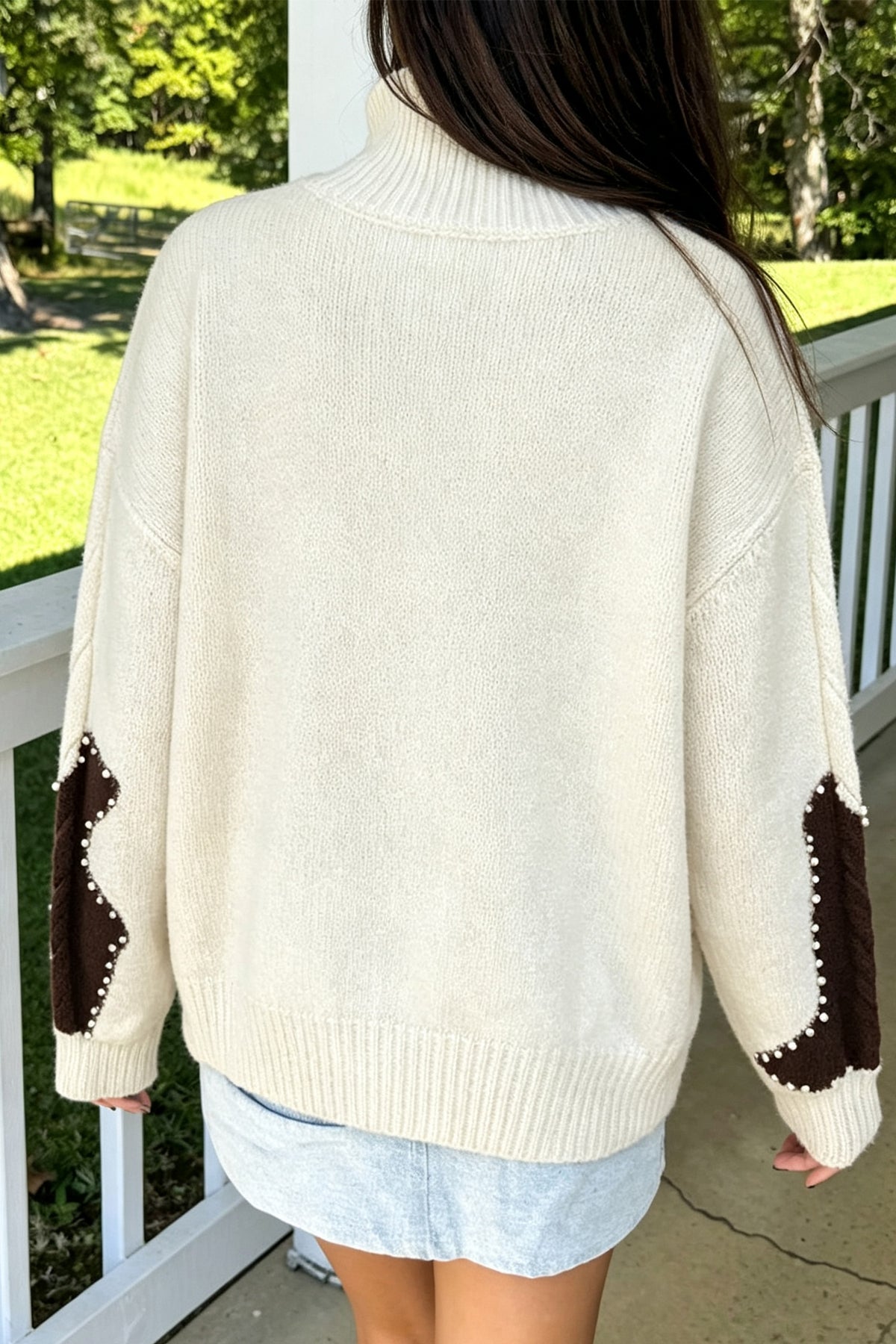 Beige Cable Detail Knit Beaded Western Spots Casual Sweater