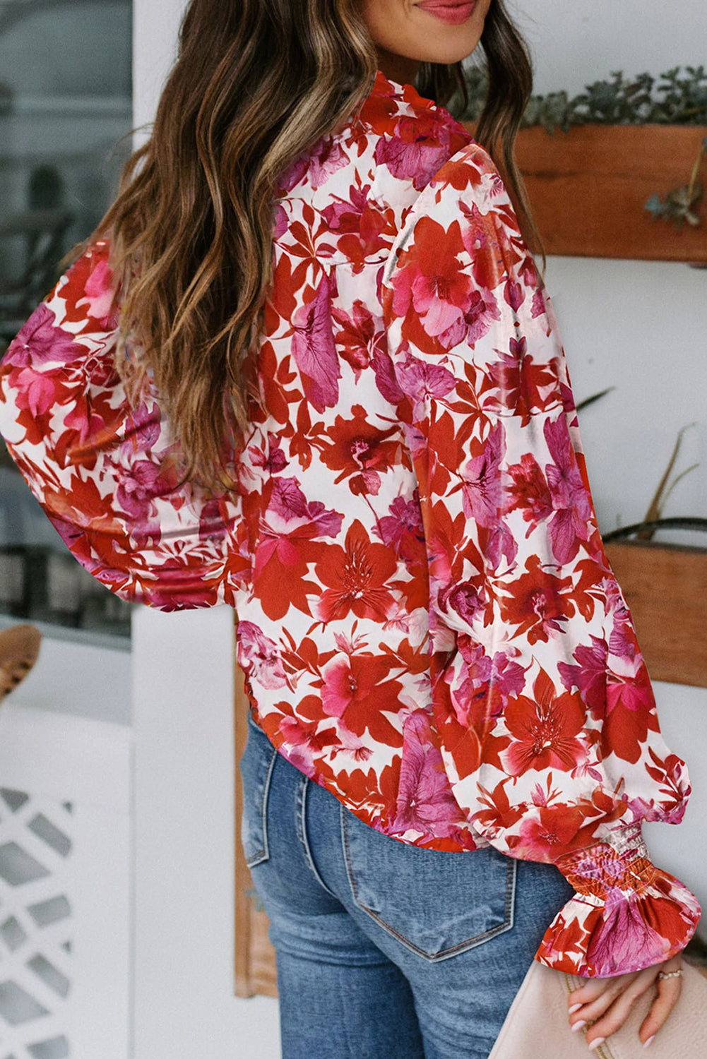 Fiery Red Cakewalk Floral Smocked Blouse