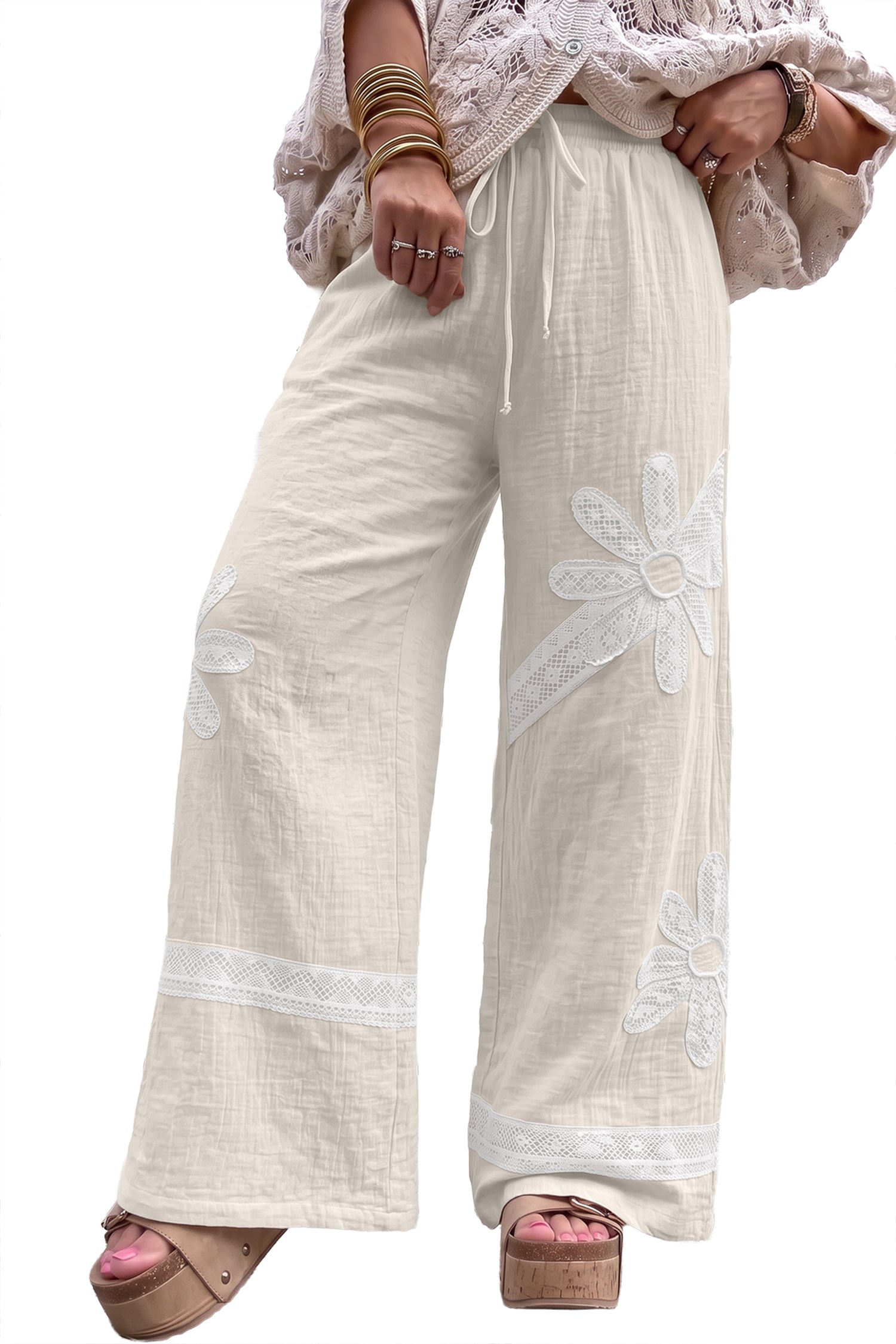 White Floral Lace Patchwork Boho Wide Leg Casual Pants