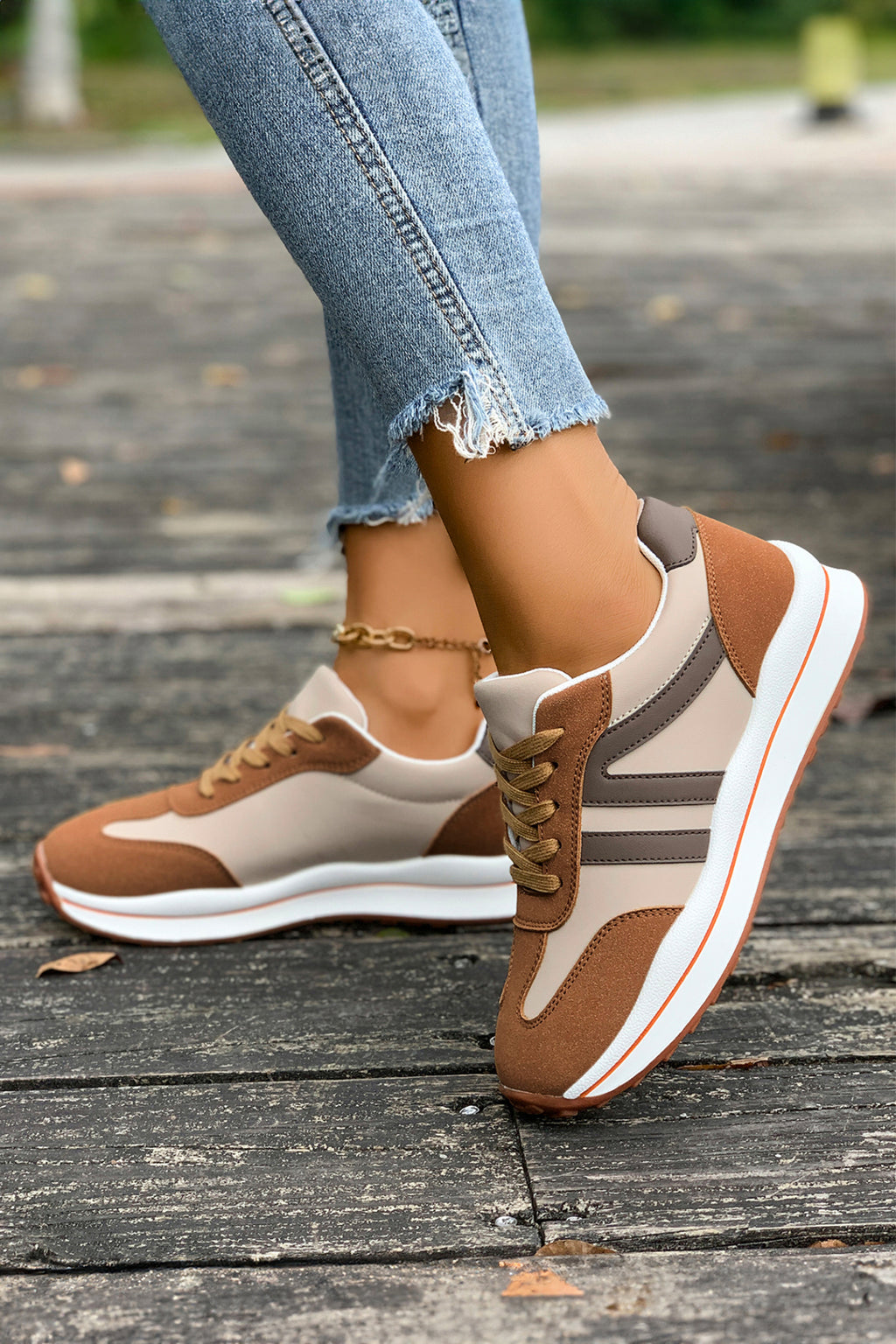 Brown Varsity Color Block Patchwork Lace-up PU Leather Sneakers