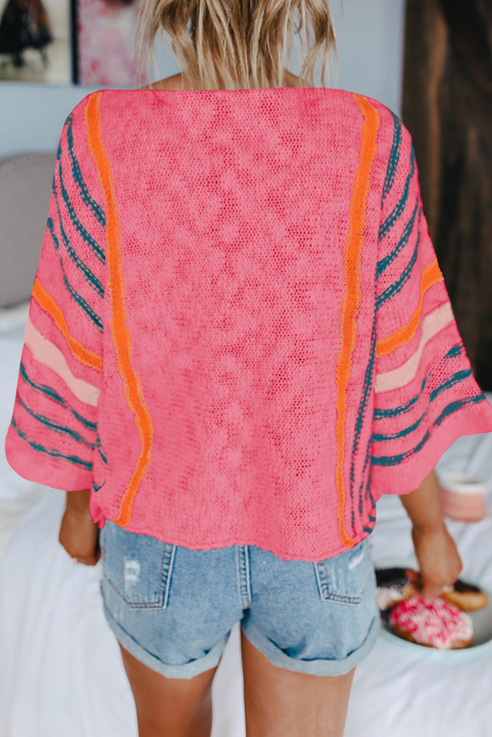 White Striped Detail Wide Sleeve Lightweight Knitted Sweater