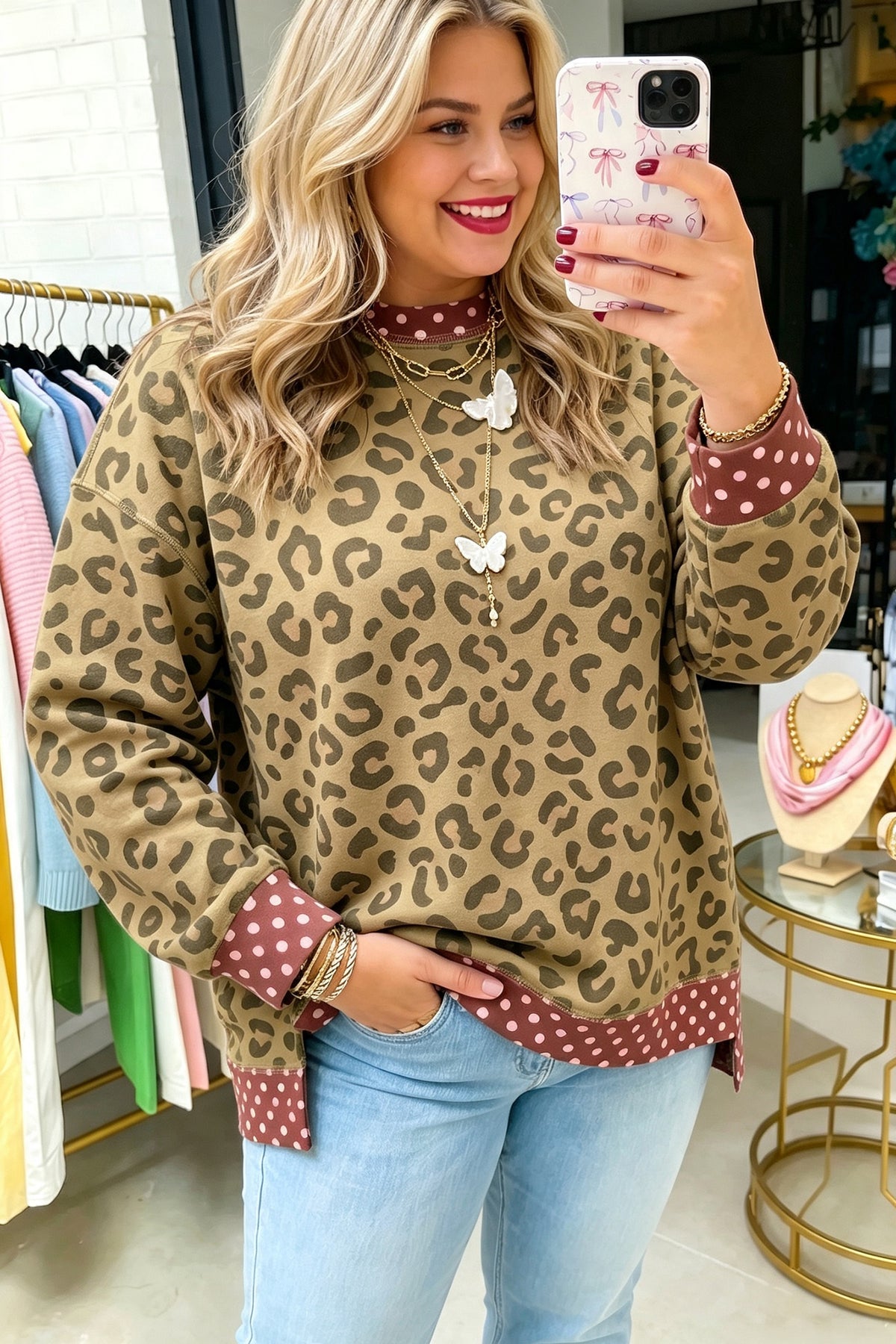 Khaki Plus Size Leopard Print Contrast Polka Dot Trim Long Sleeve Top