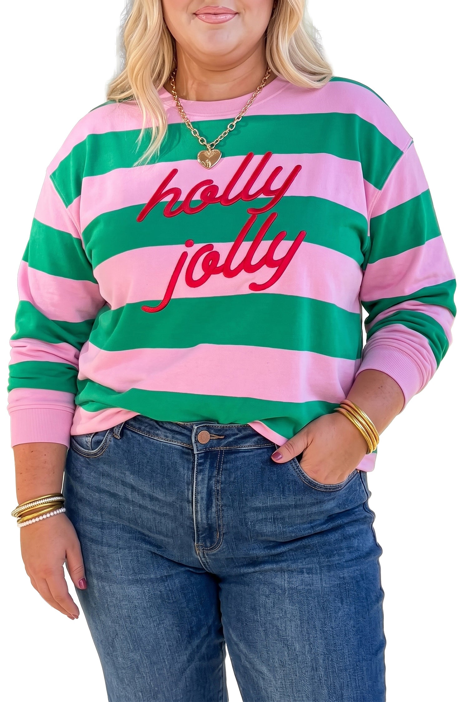 Green Stripe Festive Holly Jolly Printed Casual Plus Size Sweatshirt
