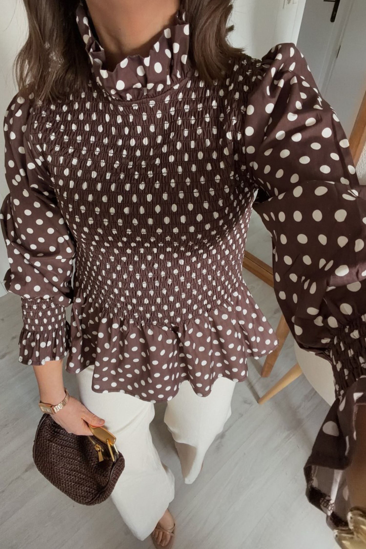 Brown Polka Dot Ruffled High Neck Shirred Ruffle Hem Blouse