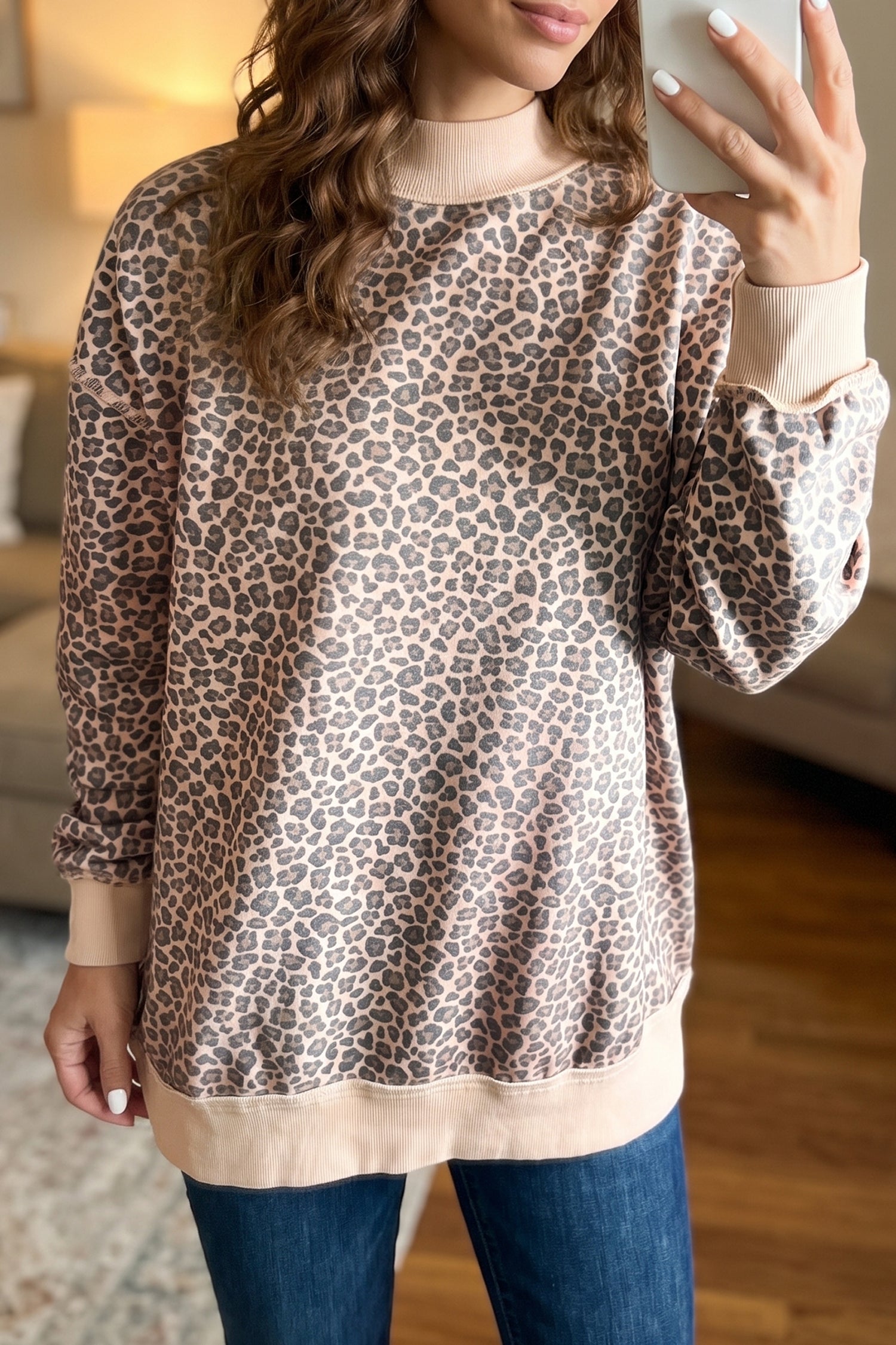 Multicolour Leopard Print High Neck Long Sleeve Ribbed Cuffs Hem Sweatshirt