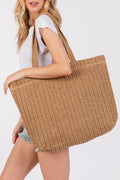 Camel Solid Color Straw Woven Summer Beach Tote Bag