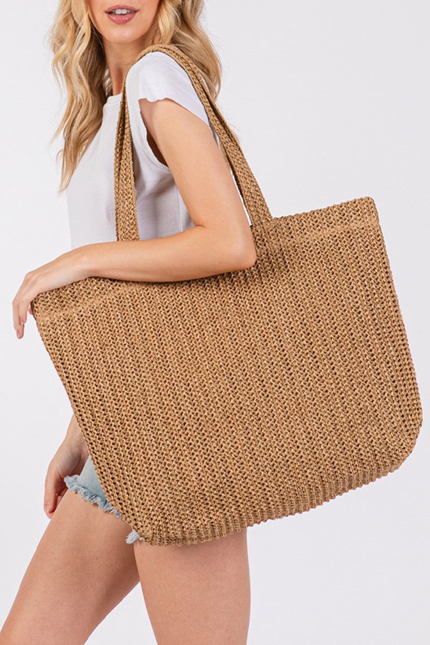 Camel Solid Color Straw Woven Summer Beach Tote Bag