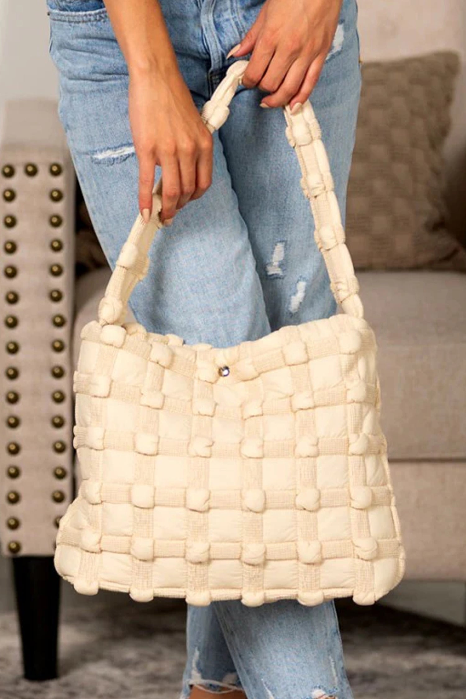Oatmeal Stylish Woven Texture Single Shoulder Square Bag
