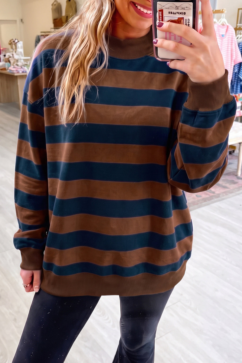 Brown Stripe Colorblock Mock Neck Relaxed Sweatshirt