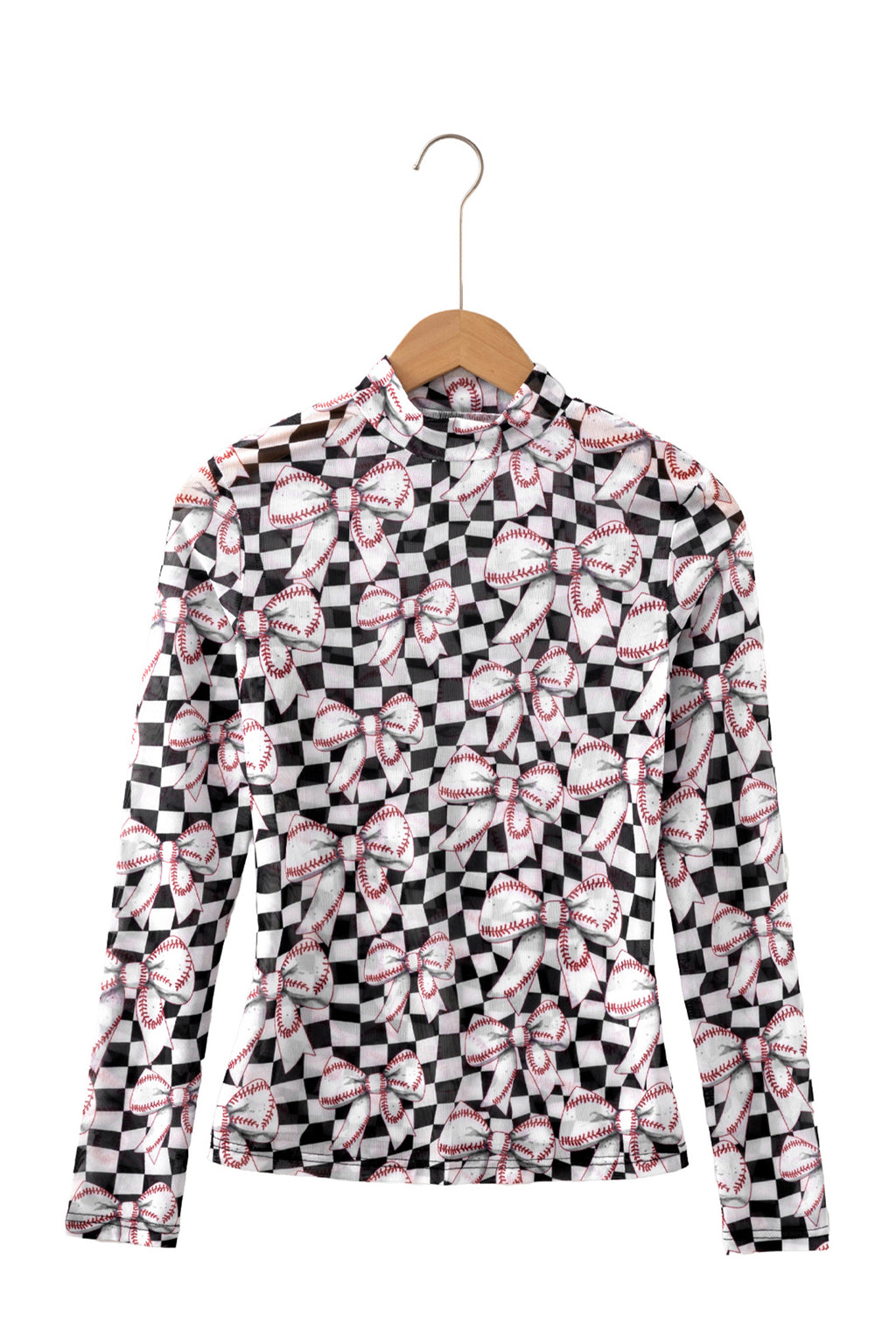 Black High Neck Plaid Baseball Bow Long Sleeve Pullover Tops