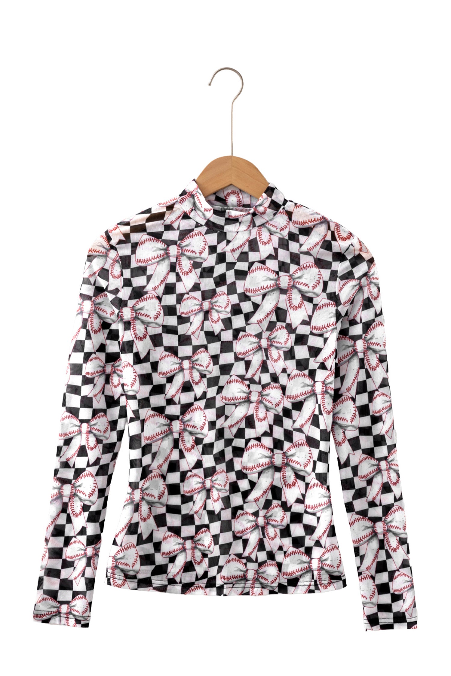 Black High Neck Plaid Baseball Bow Long Sleeve Pullover Tops