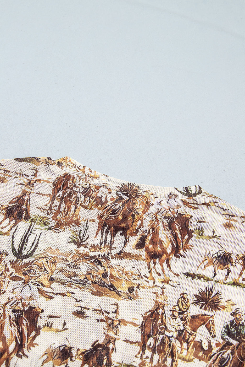 Brown Western Cowboy Floral Print Sheer Mesh Long Sleeve Top