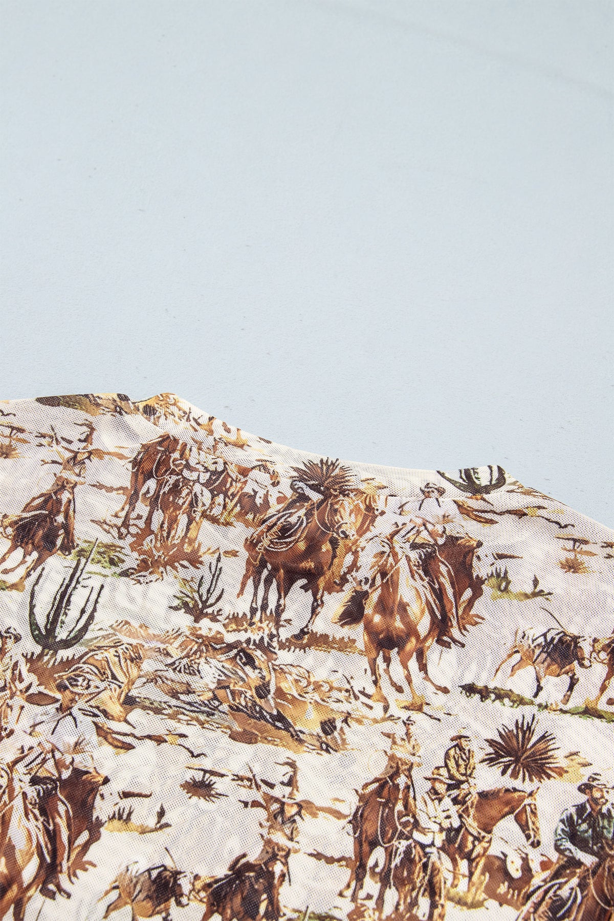 Brown Western Cowboy Floral Print Sheer Mesh Long Sleeve Top