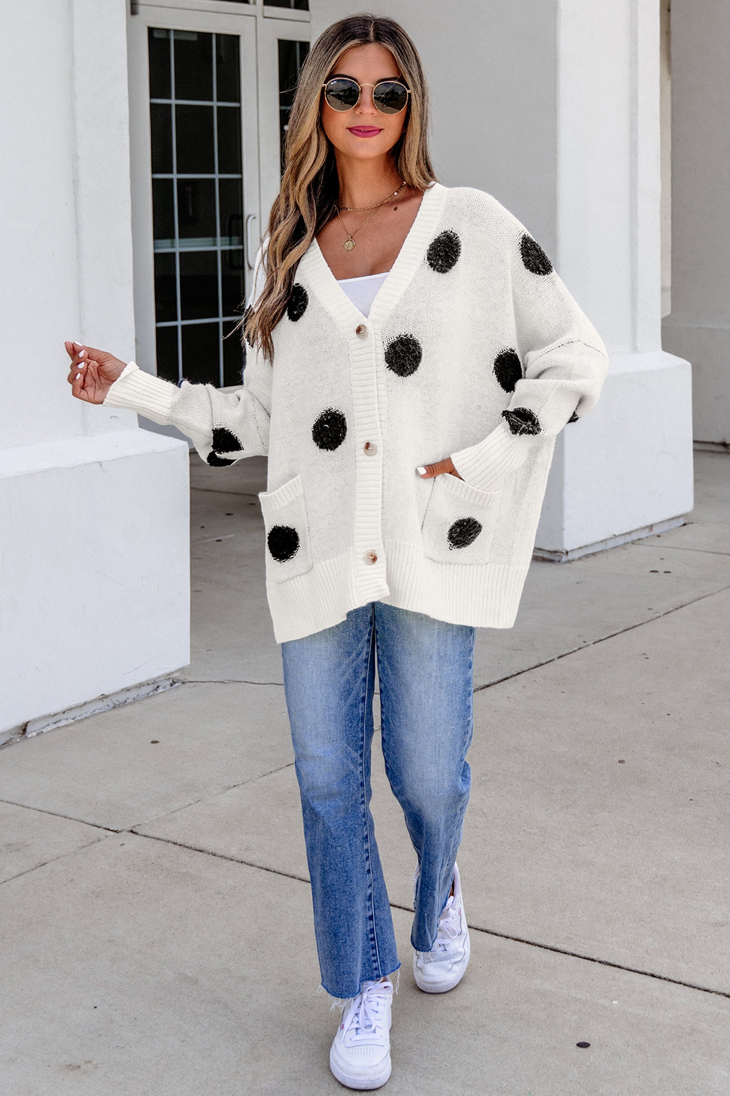 Red Polka Dot Button Front Oversized V Neck Cardigan