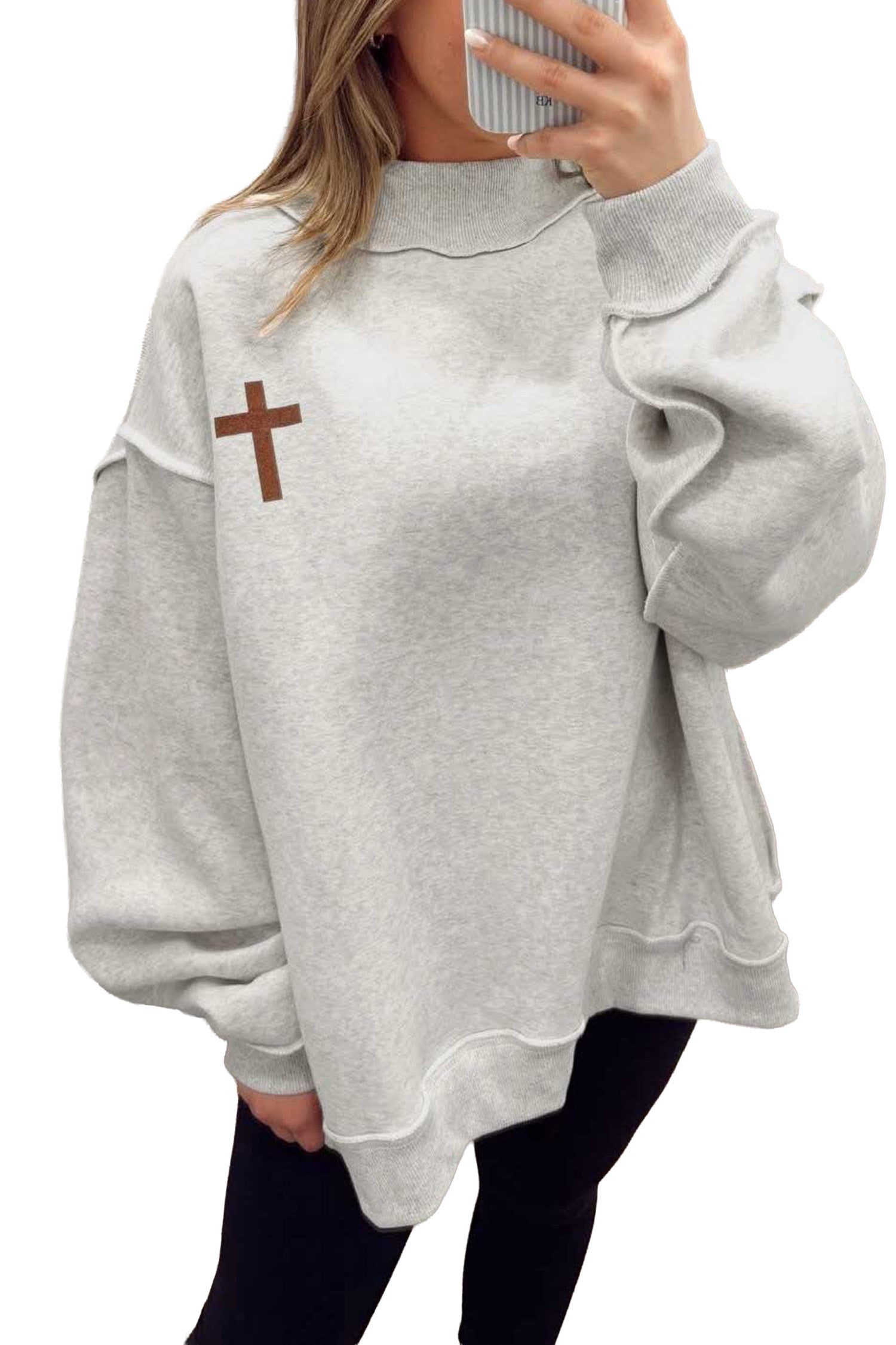 Light Grey Reversible Christian Faith Print Mock Neck Pullover Sweatshirt
