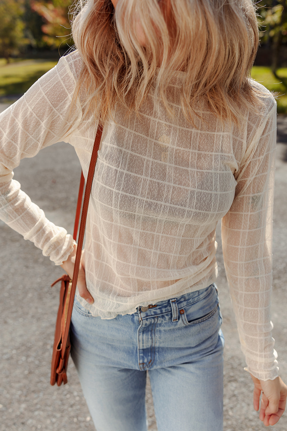 White Sheer Plaid Mesh Lettuce Trim Slim Fit Long Sleeve Top