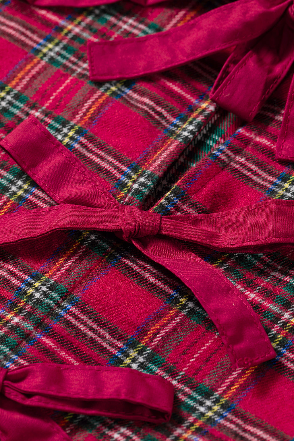 Red Plaid Tie Neck Ruffle Cuffs Long Sleeve Shift Blouse
