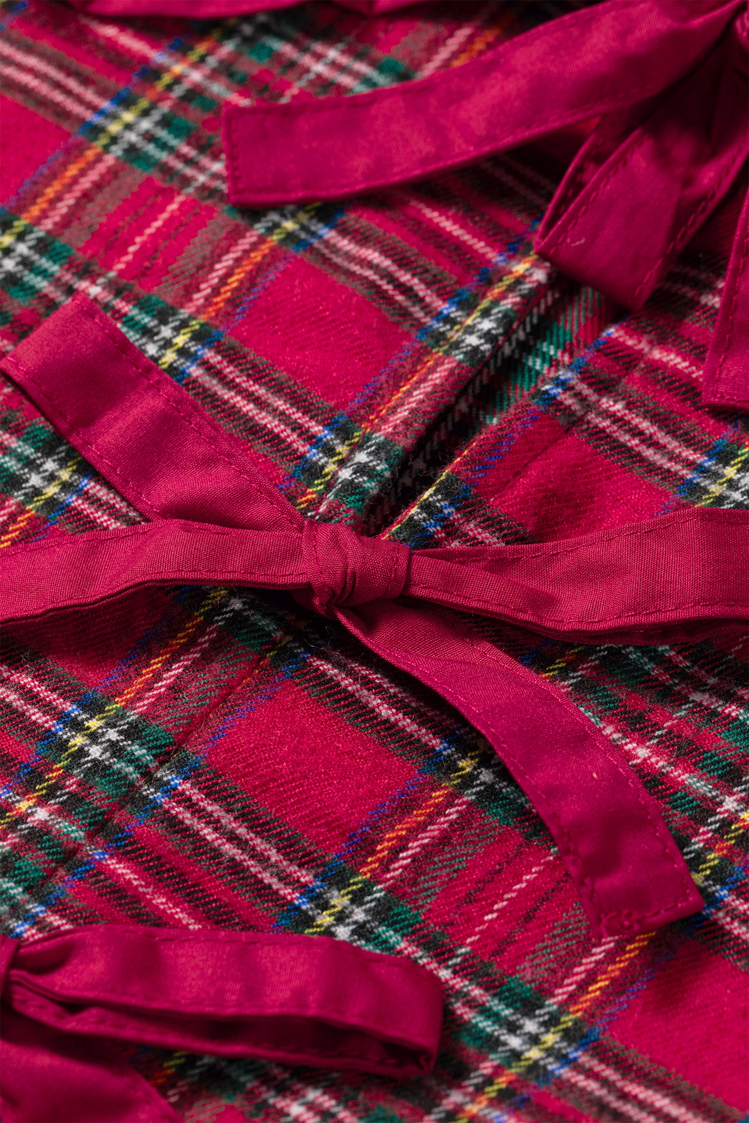 Red Plaid Tie Neck Ruffle Cuffs Long Sleeve Shift Blouse