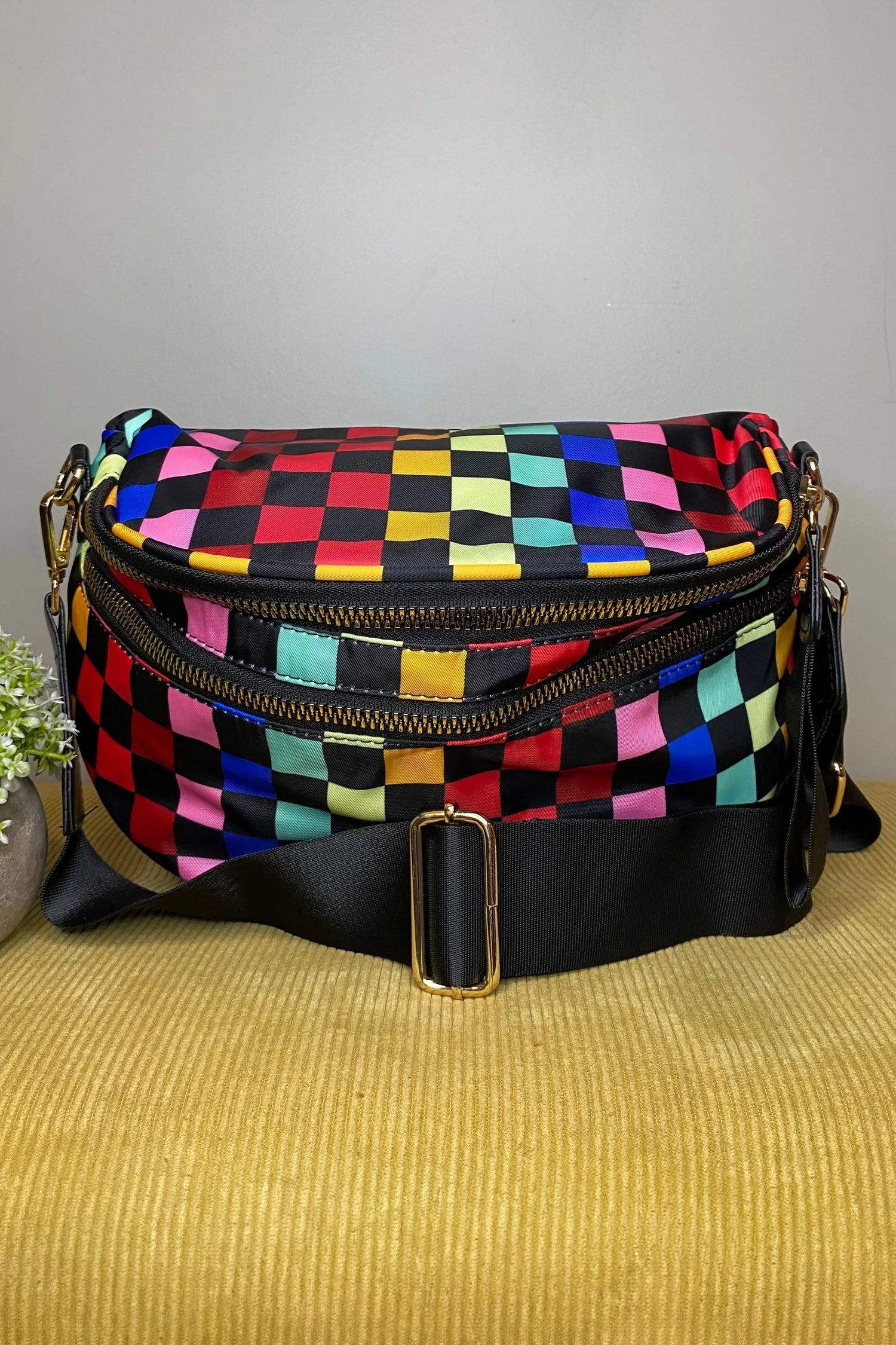 Color black Pretty Checkerboard Canvas Double Zip Crossbody Bag