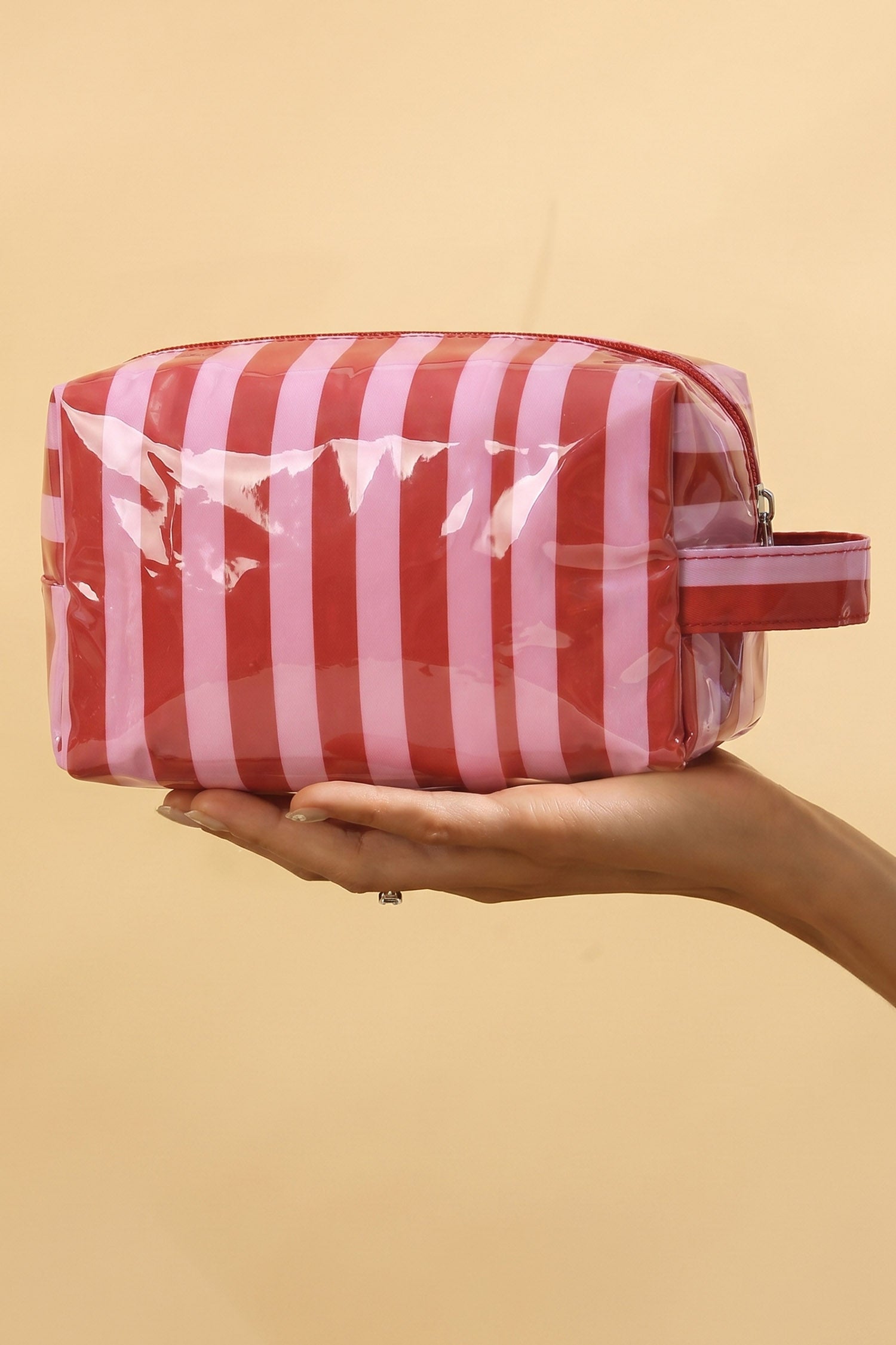 Fiery Red PVC Striped Cosmetic Bag Durable Zipper Handle Travel Organizer