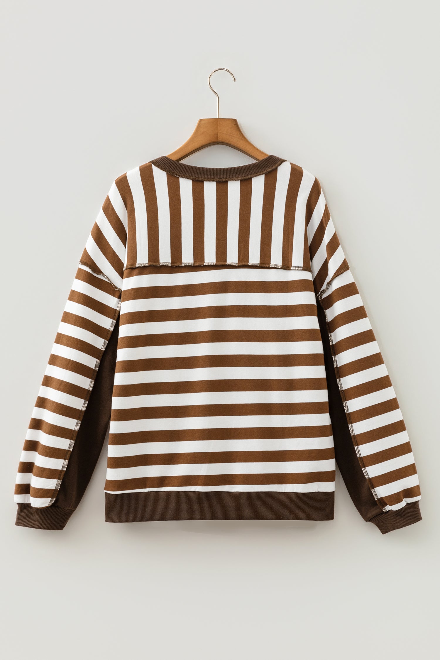 Brown Stripe Exposed Seam Color Block Patchwork Button Placket Sweatshirt