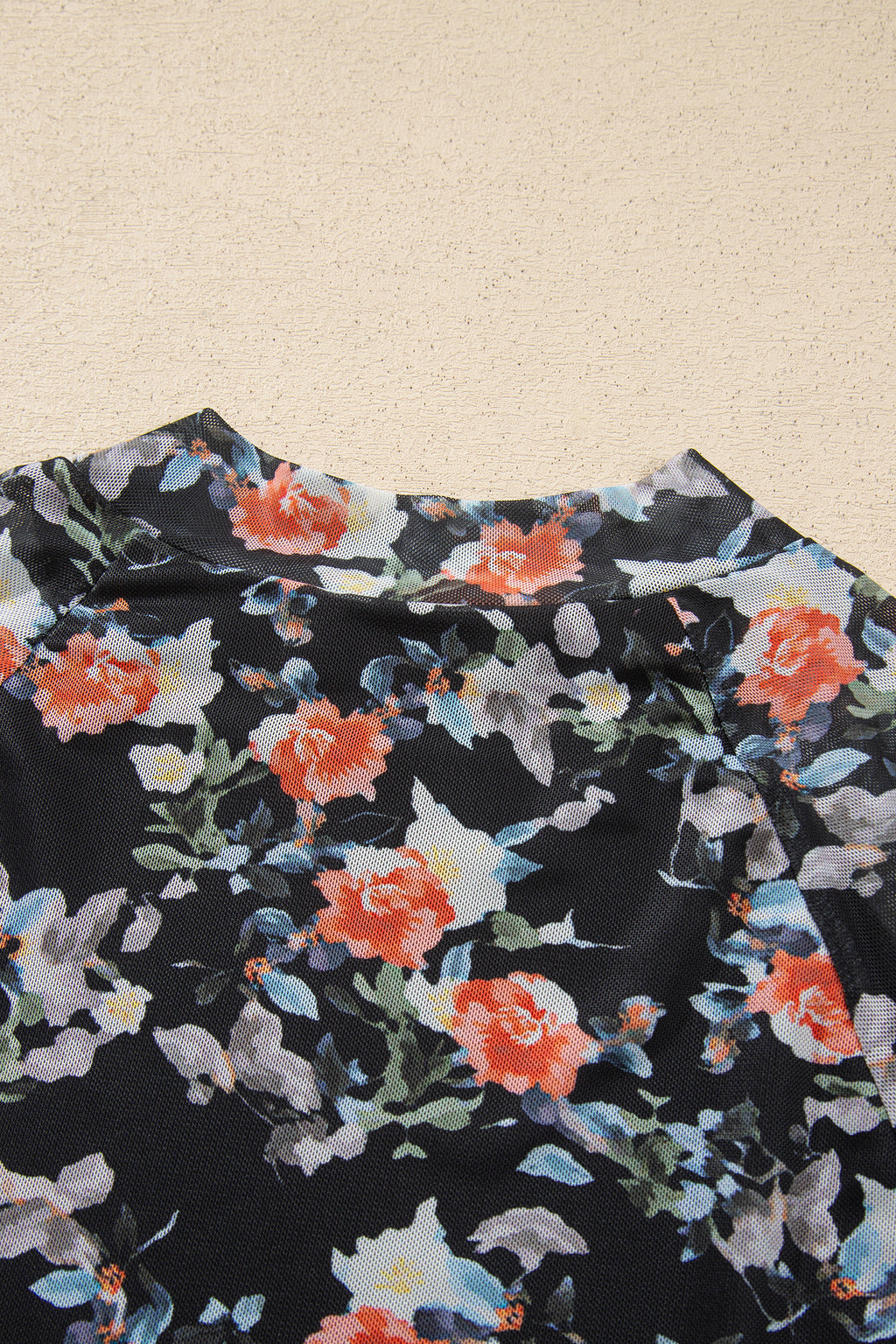 Black Floral Print Mesh Long Sleeve Stand Neck Pullover Top