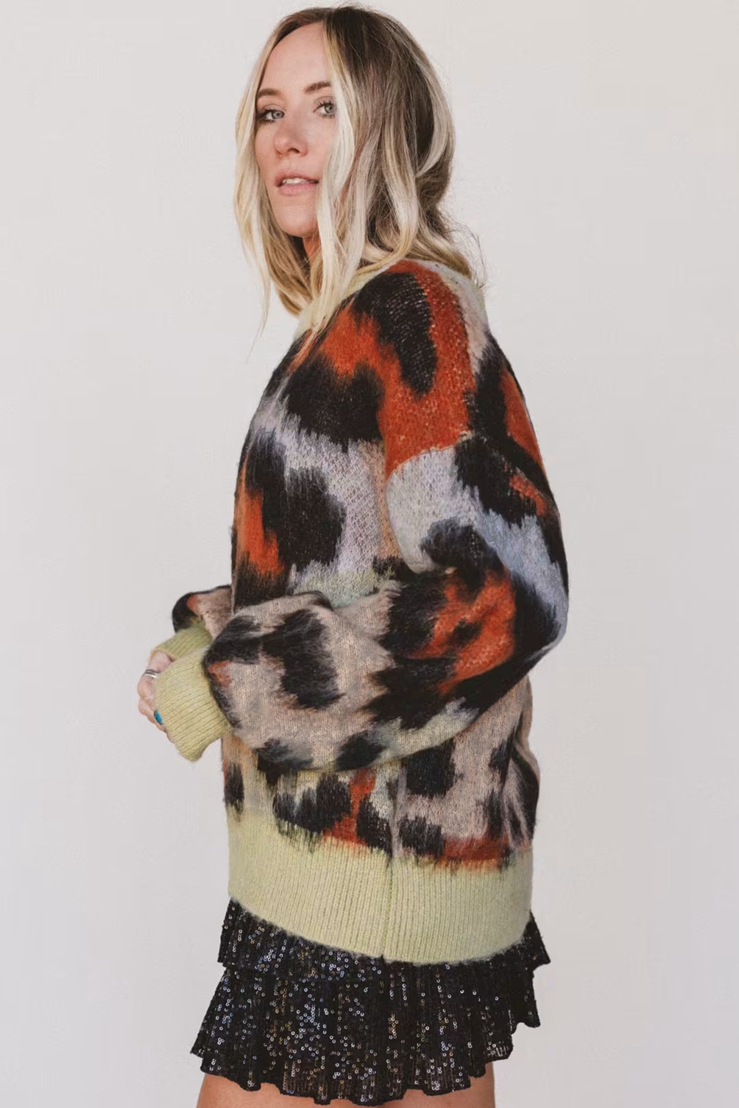 Khaki Leopard Print Drop Shoulder Long Sleeve Round Neck Sweater