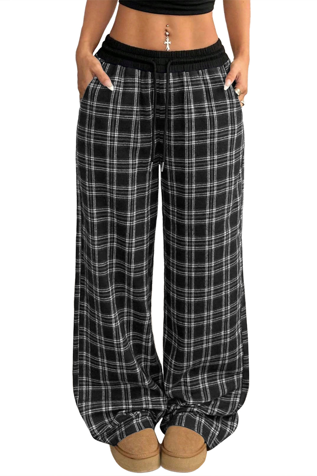 Black Frenchy Plaid Pattern Contrast Drawstring Waist Wide Leg Pants