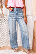 Beau Blue Frayed Studded Detail Wide Leg Pocketed Jeans