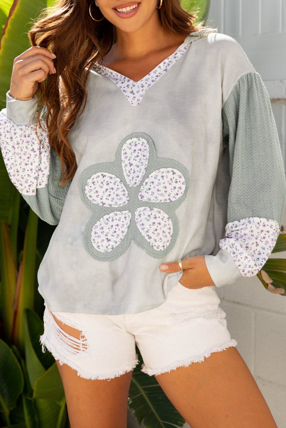 Green Floral Patched Waffle Textured Colorblock V Neck Casual Hooded Top