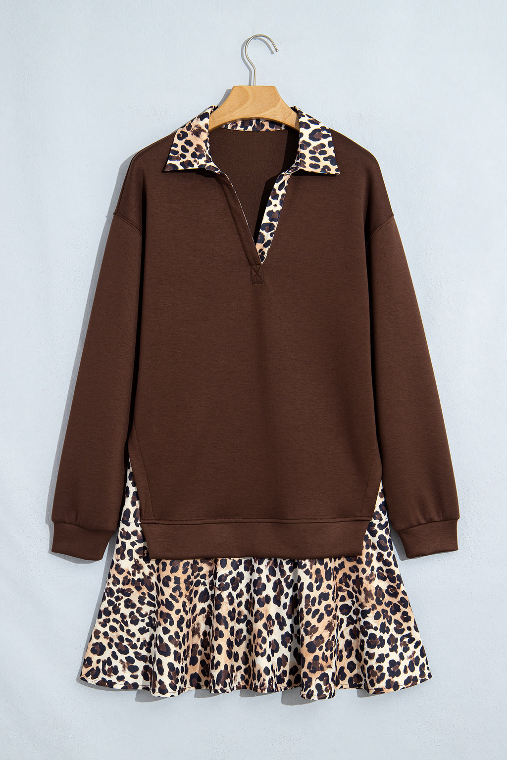 Coffee Leopard Patchwork Collar Long Sleeve Dress