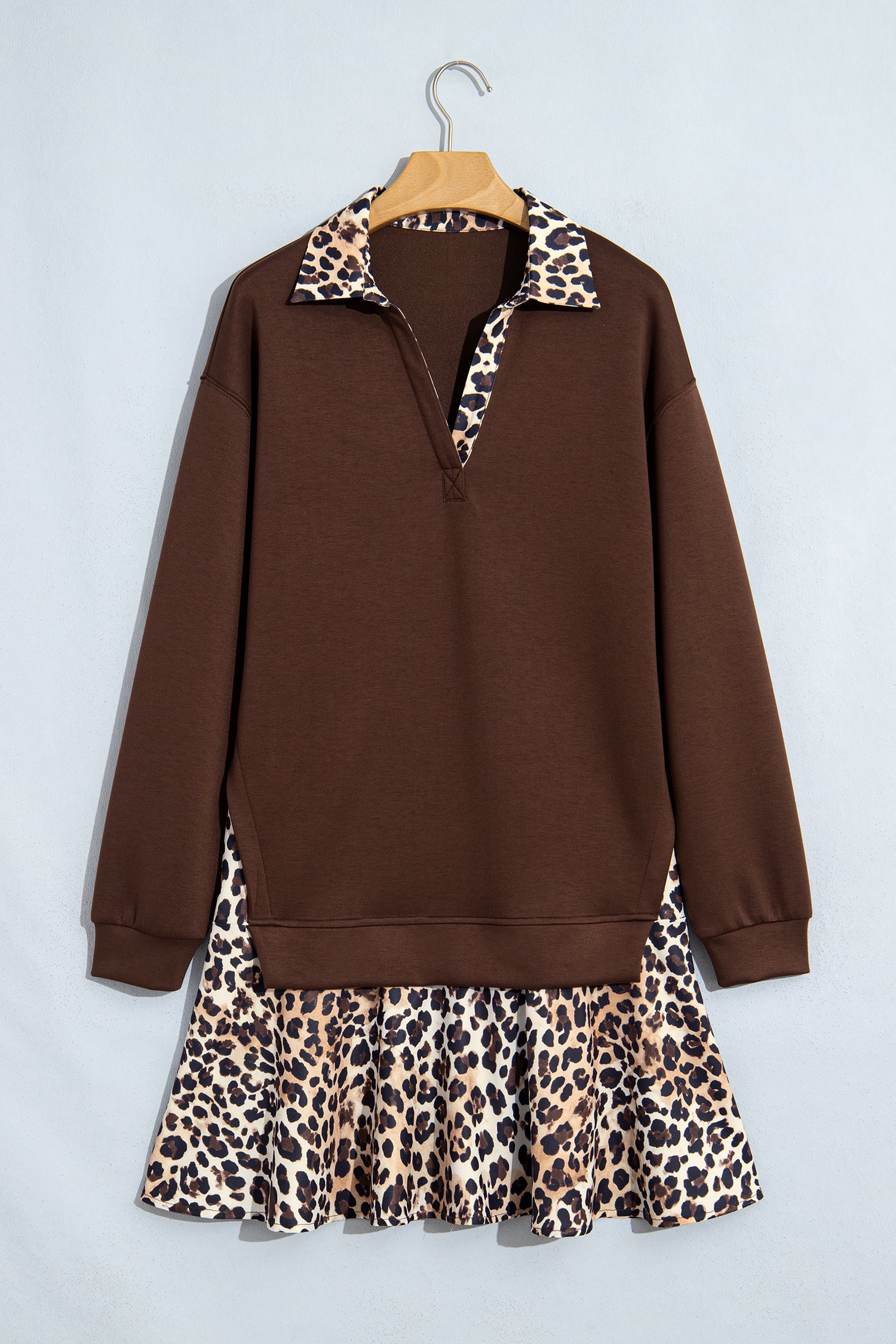 Coffee Leopard Patchwork Collar Long Sleeve Dress