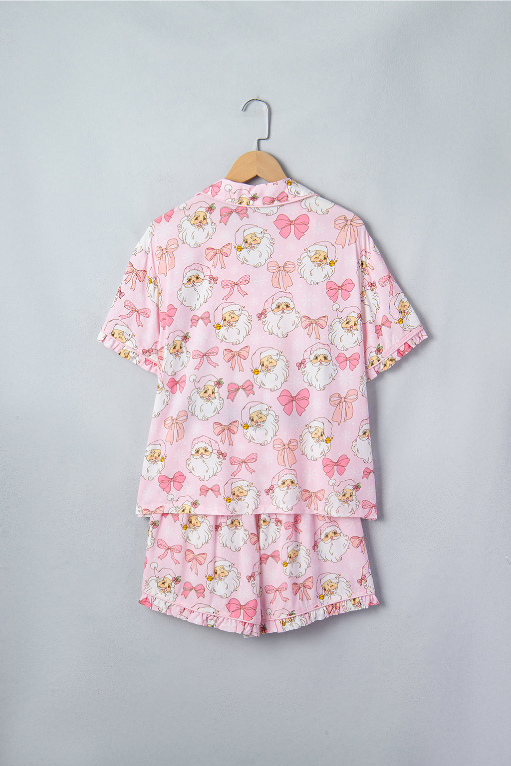 Pink Santa Print Paneling Shift Silhouette Short Sleeve Lounge Set