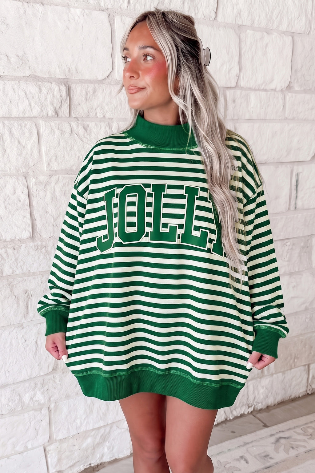 Red Stripe Christmas Slogan Embroidery Patched Mock Neck Oversized Sweatshirt