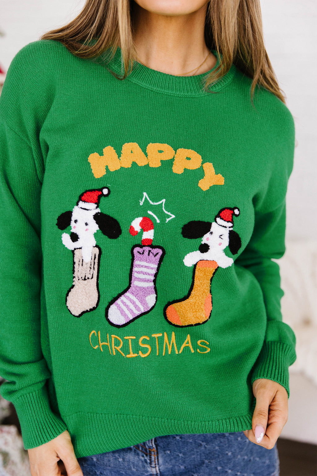 Dark Green Abstract Patch Embroidery Christmas Pullover Sweater