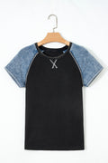 Carbon Grey Waffle Knit Seam Detail Color Block Patchwork Short Sleeve Top