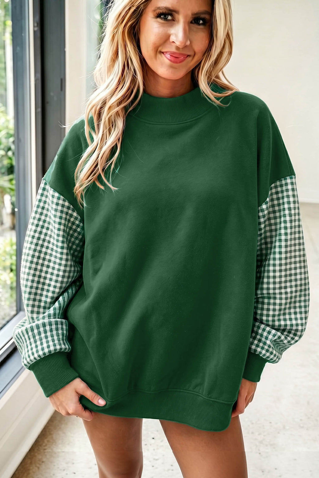 Evergreen Plaid Sleeve Colorblock Loose Tunic Sweatshirt