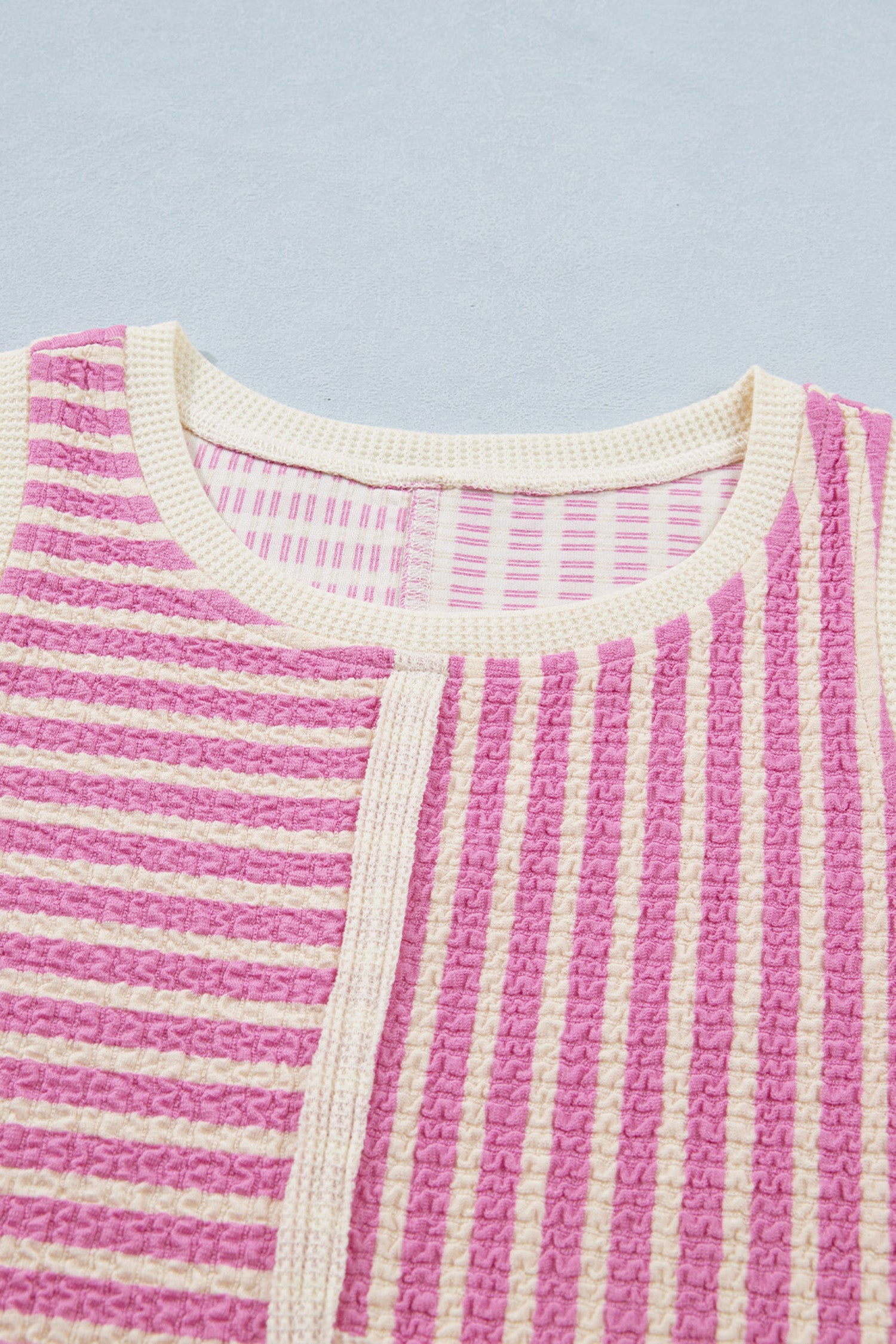 Pink Stripe Textured Contrast Trim Casual Tank and Shorts Set