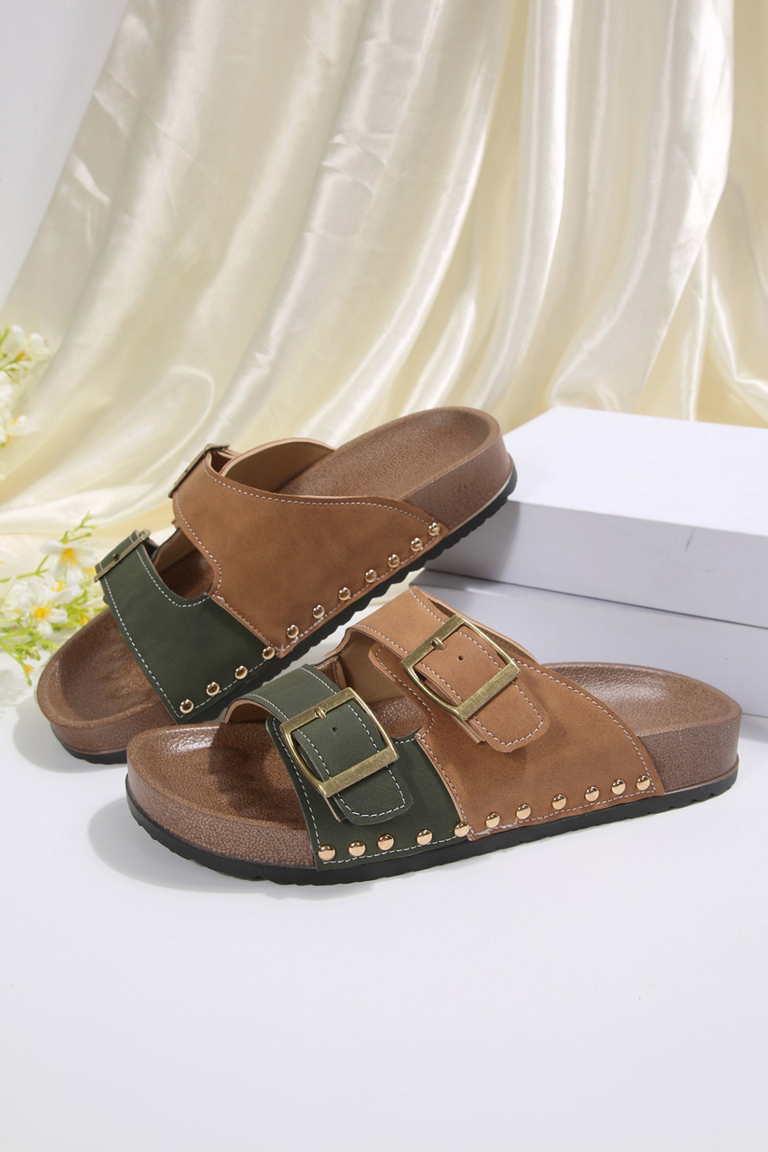 Blackish Green Retro Buckle Cutout Straps PU Leather Studded Slippers