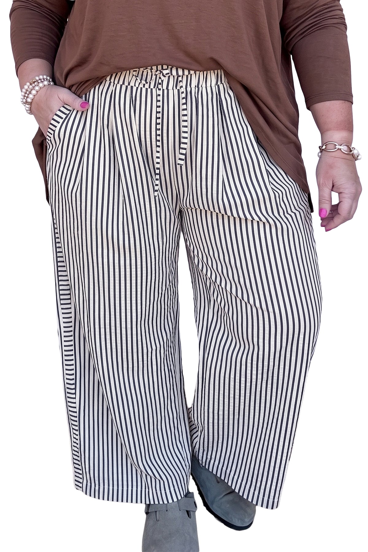 Black Stripe Plus Size Tie Waist Loose Pants
