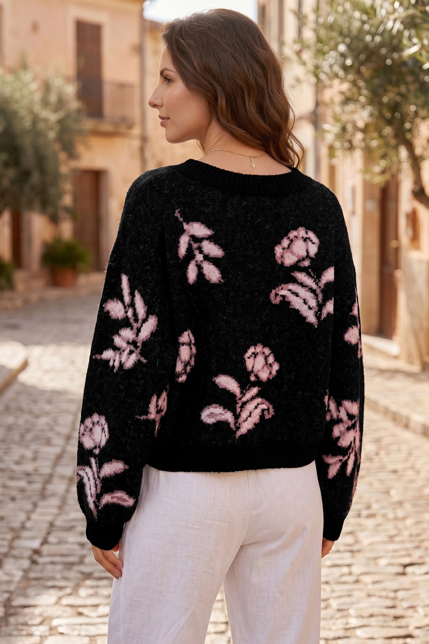 Black Floral Pattern Puff Sleeve Dropped Shoulder Pullover Sweater