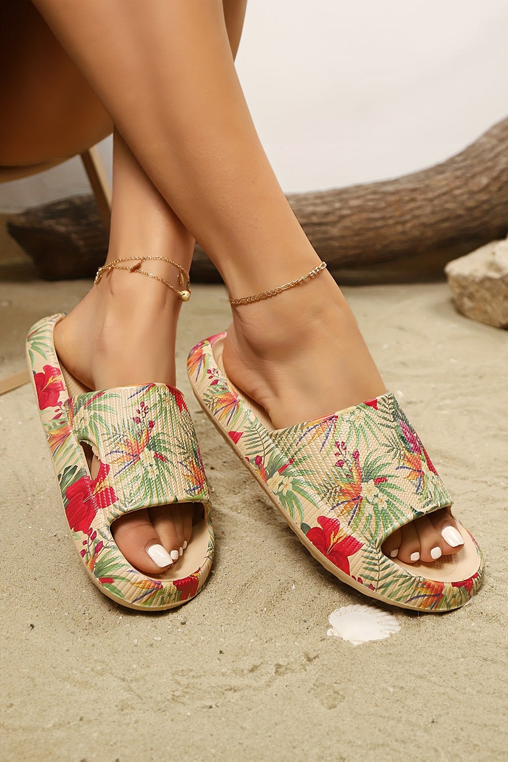 Parchment Tropical Floral Print Textured Cutout Detail Casual Slippers