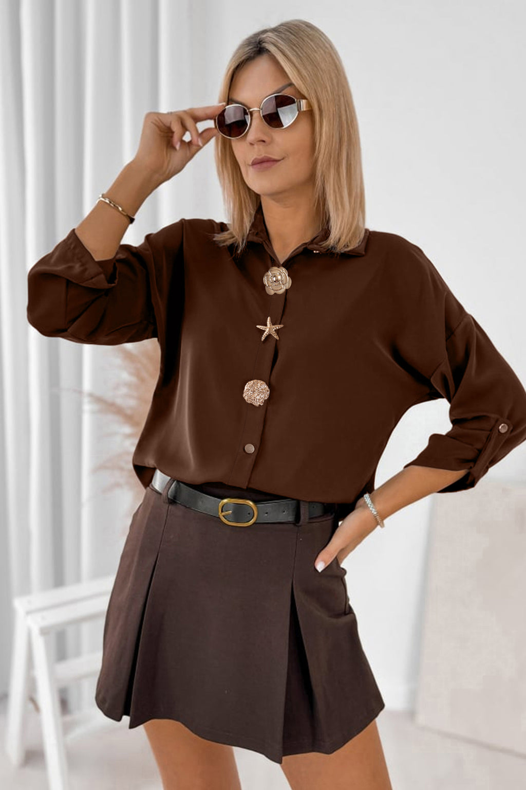 Coffee Multi Button Decoration Tab Long Sleeve Casual Shirt