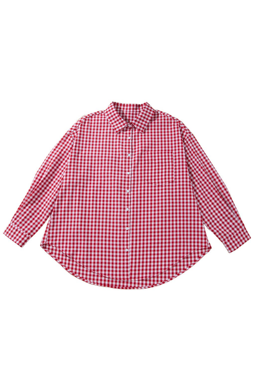 Red Plaid V Neck Long Sleeve Tunic Loose Fit Plus Size Shirt
