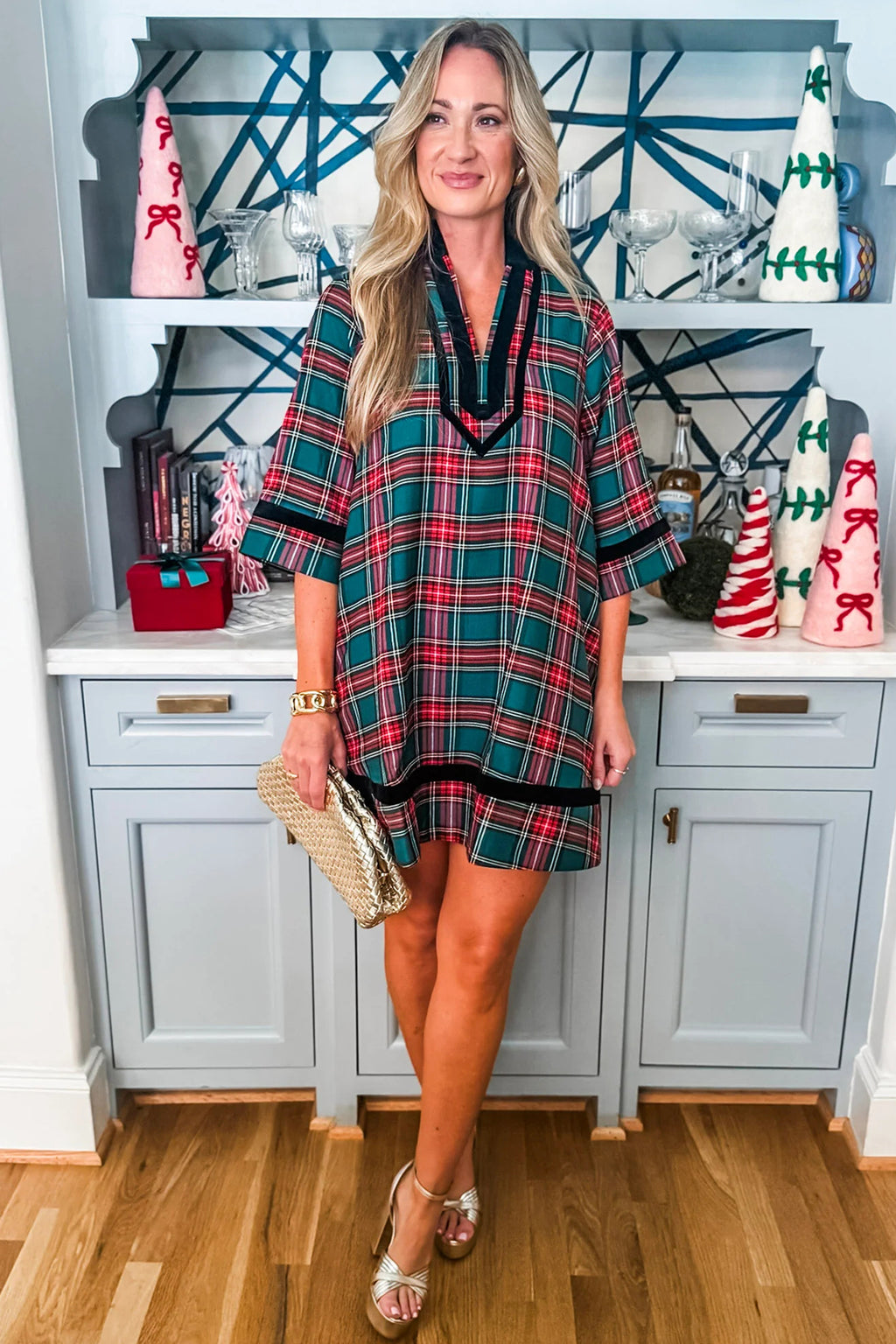 Green Plaid Velvet Trim Pockets Short Shift Dress