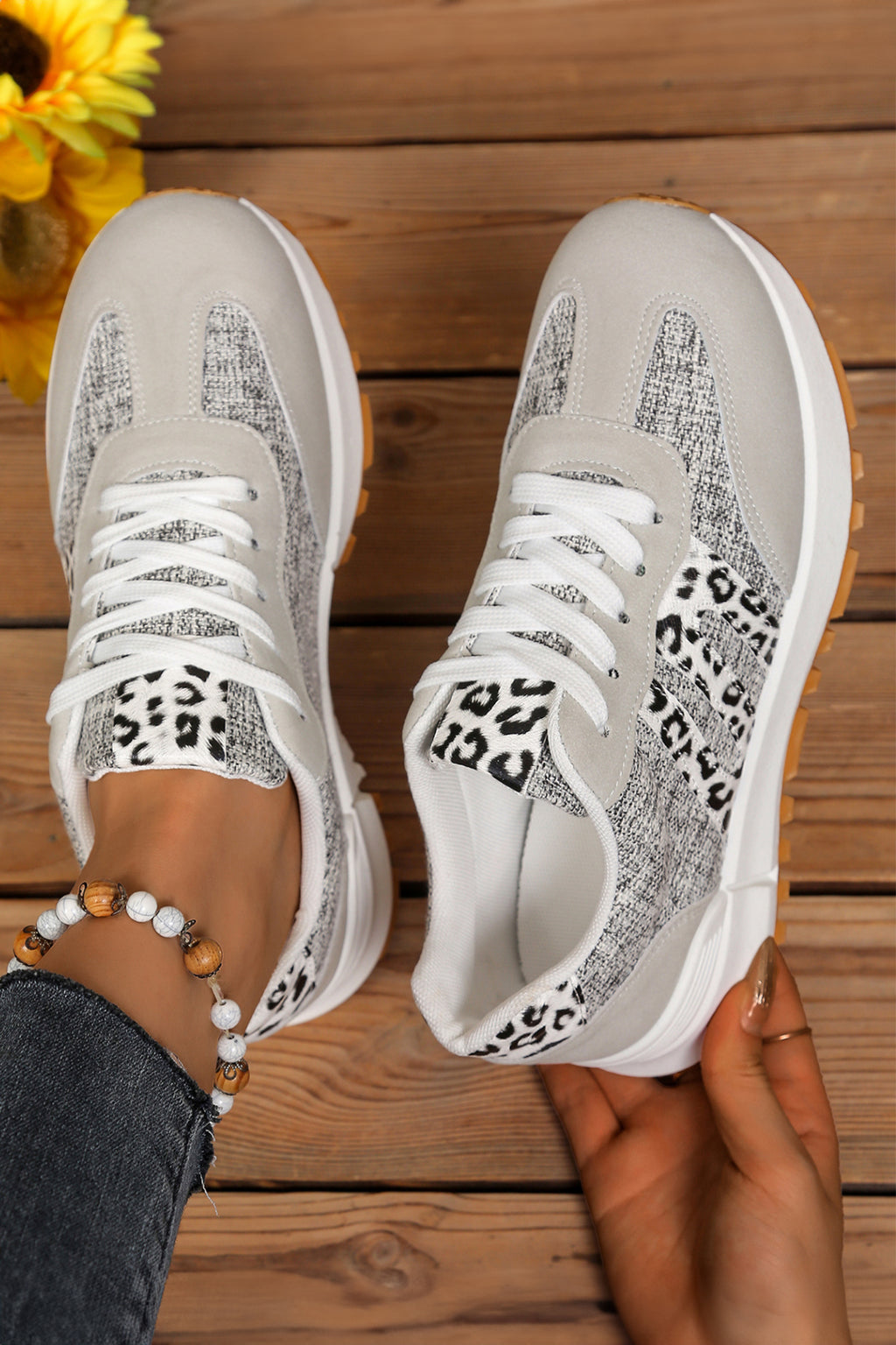 White Mix Texture Patchwork Leopard Detail Lace Up Sneakers
